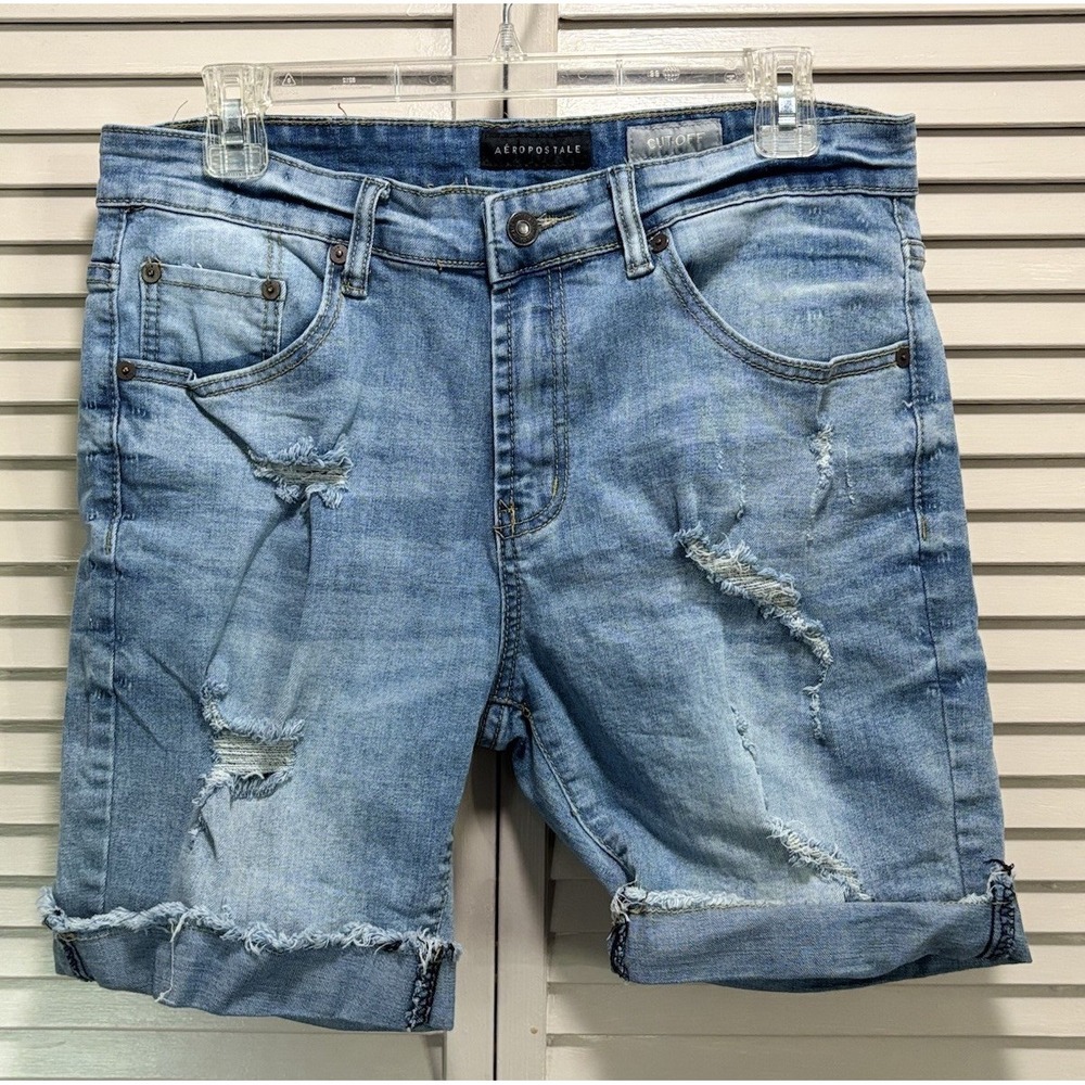 Aeropostale Light Wash Distress Mid Rise Cut Off Jean Shorts Size 32 Zip Pockets